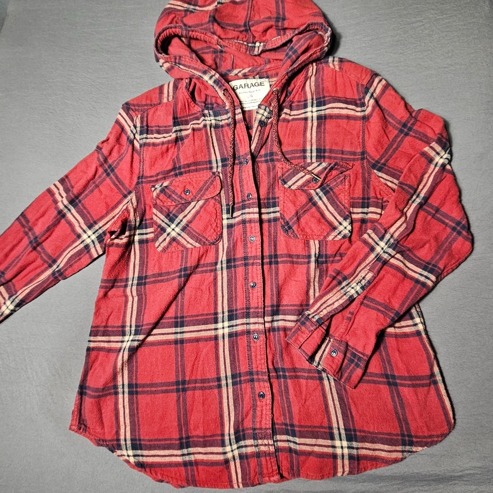 Garage Boyfriend Fit Hooded Plaid Flannel Shirt Womens Large Red Navy Button Up
